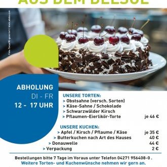 Flyer zum Thema Torten to go mit Bild einer Schwarzwälder Kirschtorte und Preisen (Link zu PDF mit Detailinformationen)